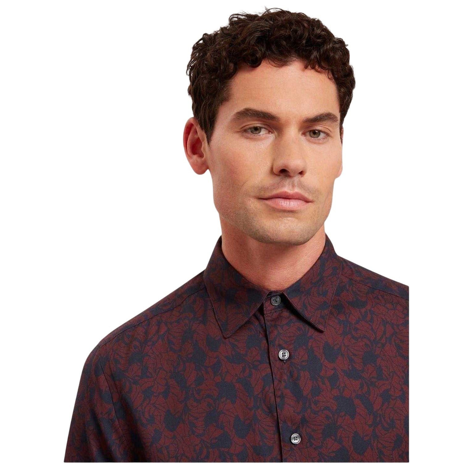 Maroon - Side - Ted Baker Mens Floral Collared Long-Sleeved Shirt