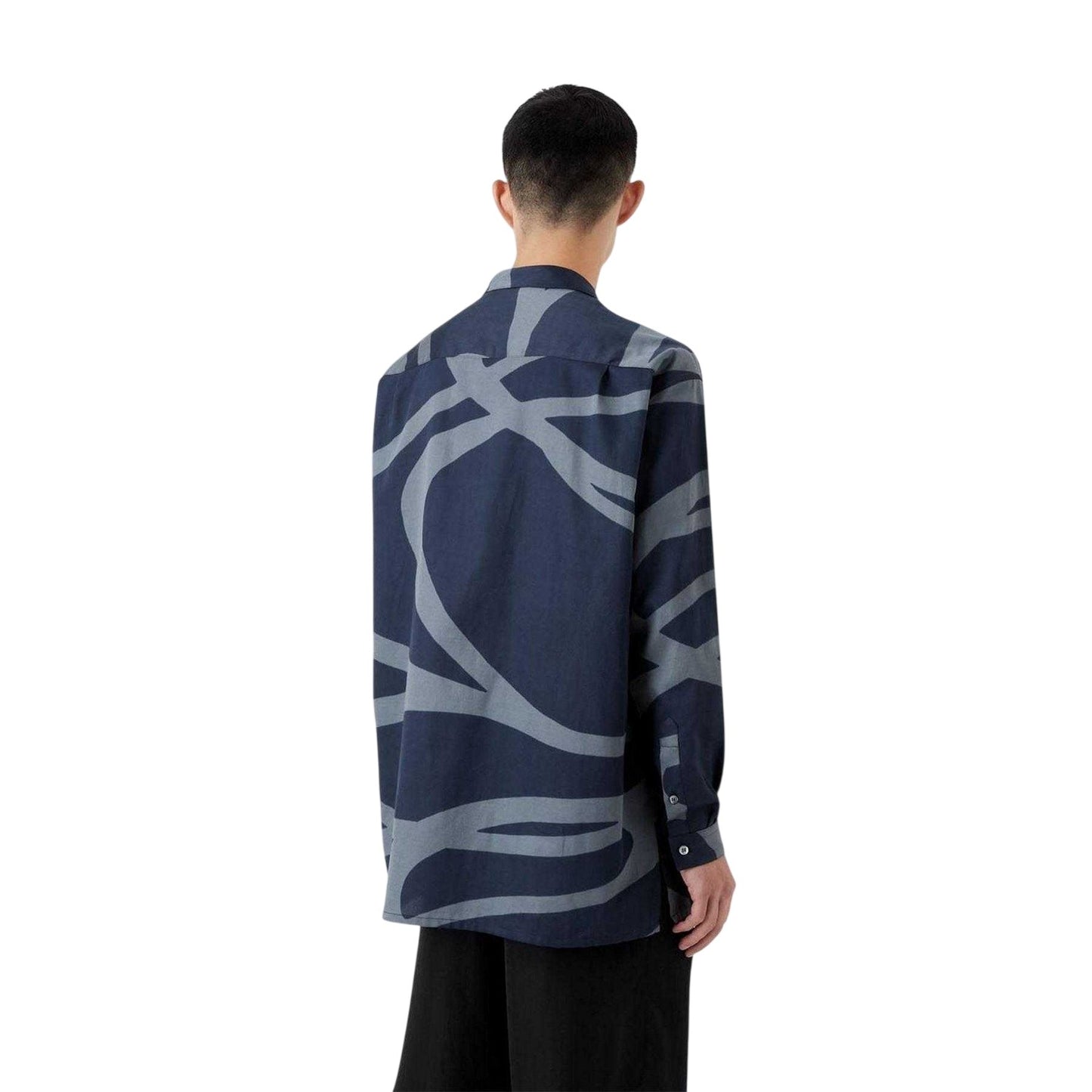 Blue - Back - Emporio Armani Mens Abstract Cotton Long-Sleeved Shirt