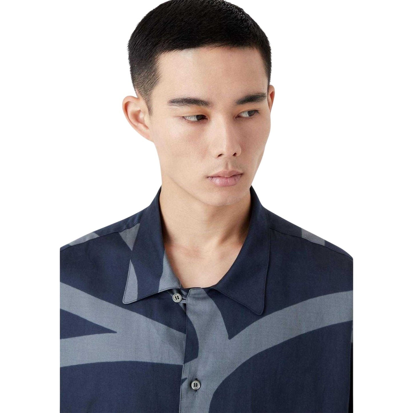 Blue - Side - Emporio Armani Mens Abstract Cotton Long-Sleeved Shirt