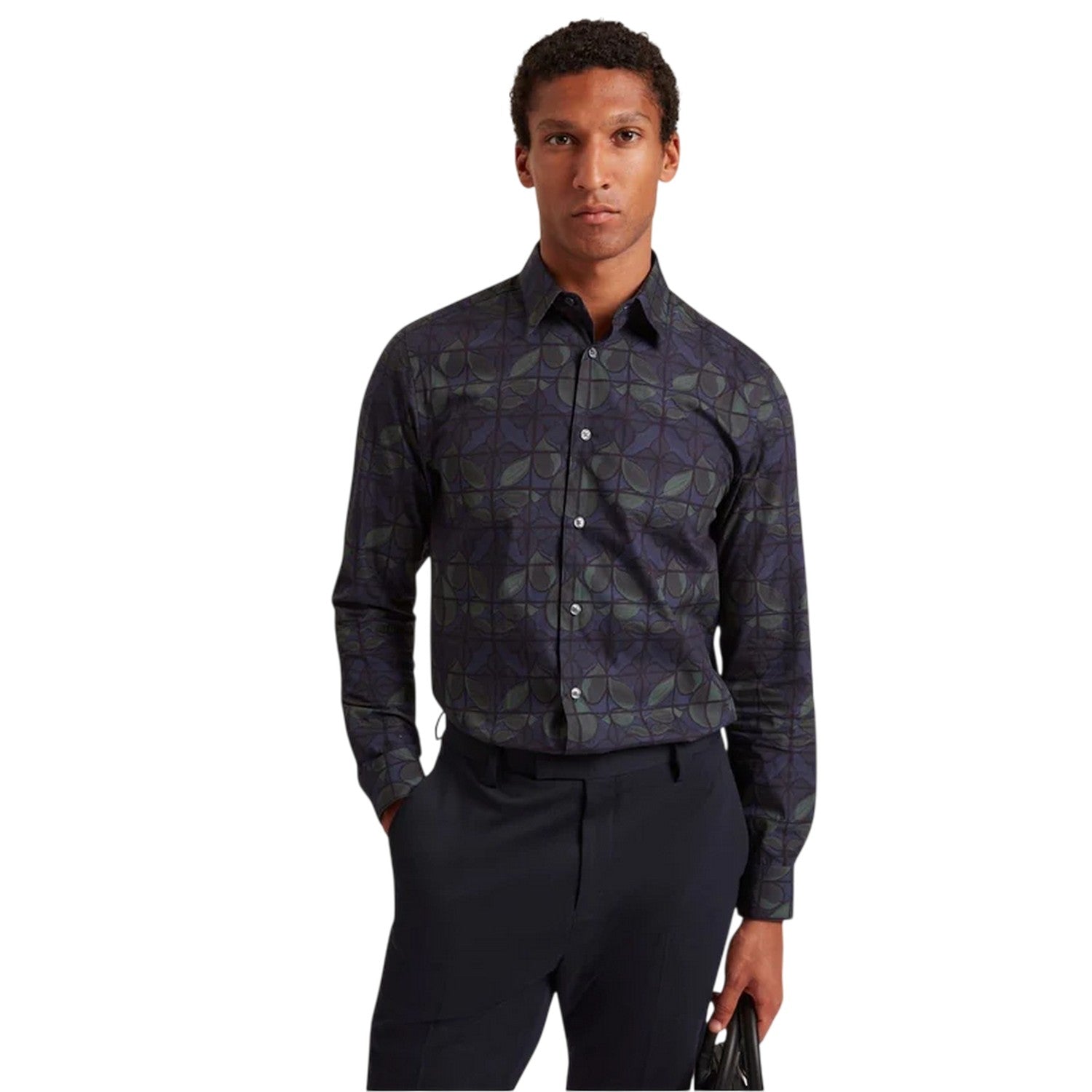 Navy - Side - Ted Baker Mens Floral Point Collar Long-Sleeved Shirt