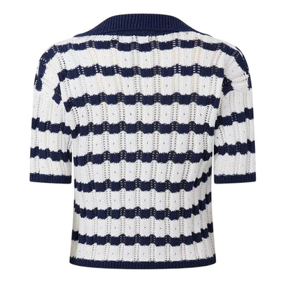 Navy-Cream - Back - I Saw It First Womens-Ladies Striped Crochet Detail Crop Top