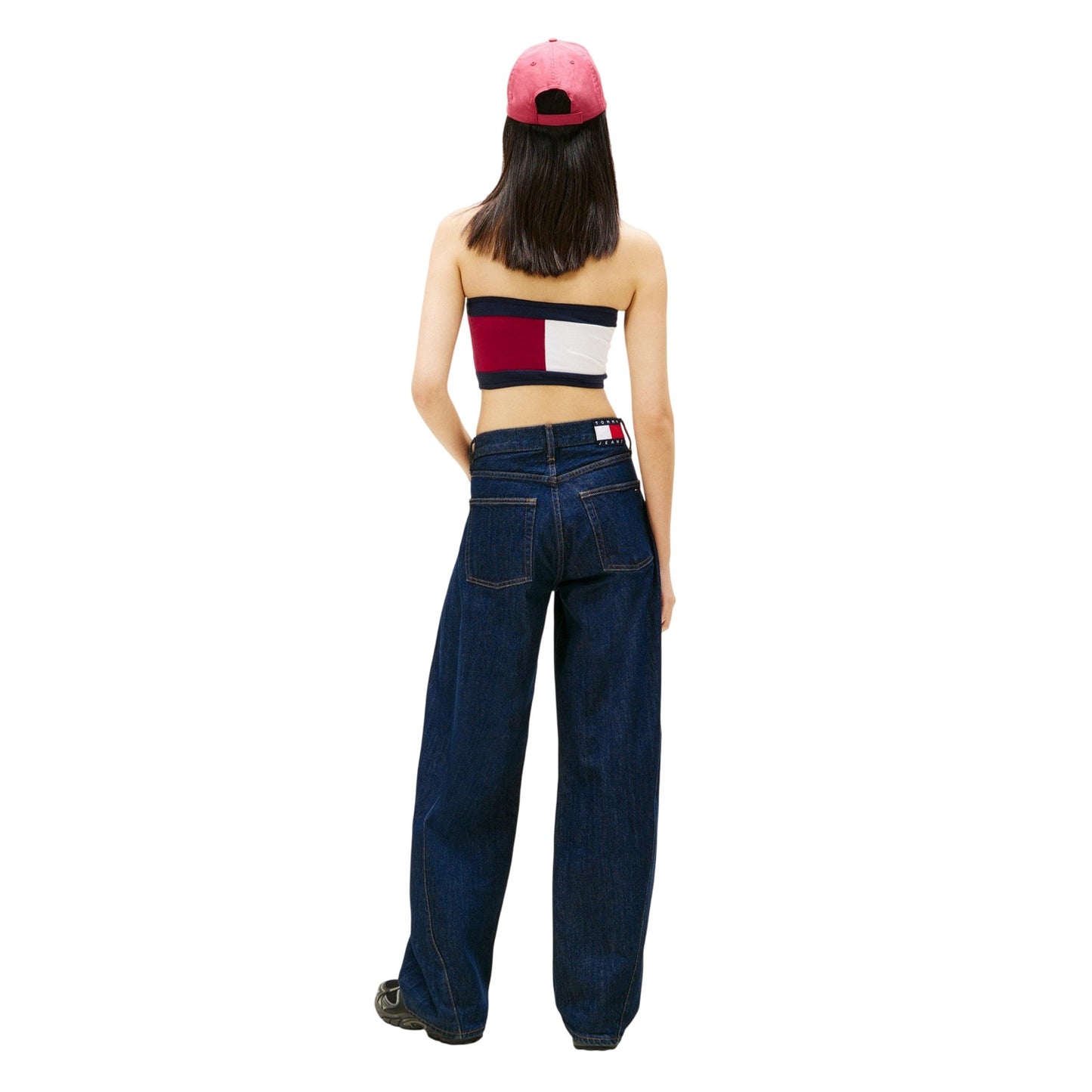 Cerise-White-Navy - Back - Tommy Jeans Womens-Ladies Flag Ribbed Logo Tube Top