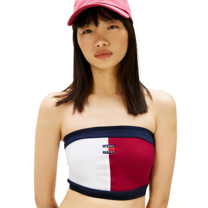 Cerise-White-Navy - Side - Tommy Jeans Womens-Ladies Flag Ribbed Logo Tube Top