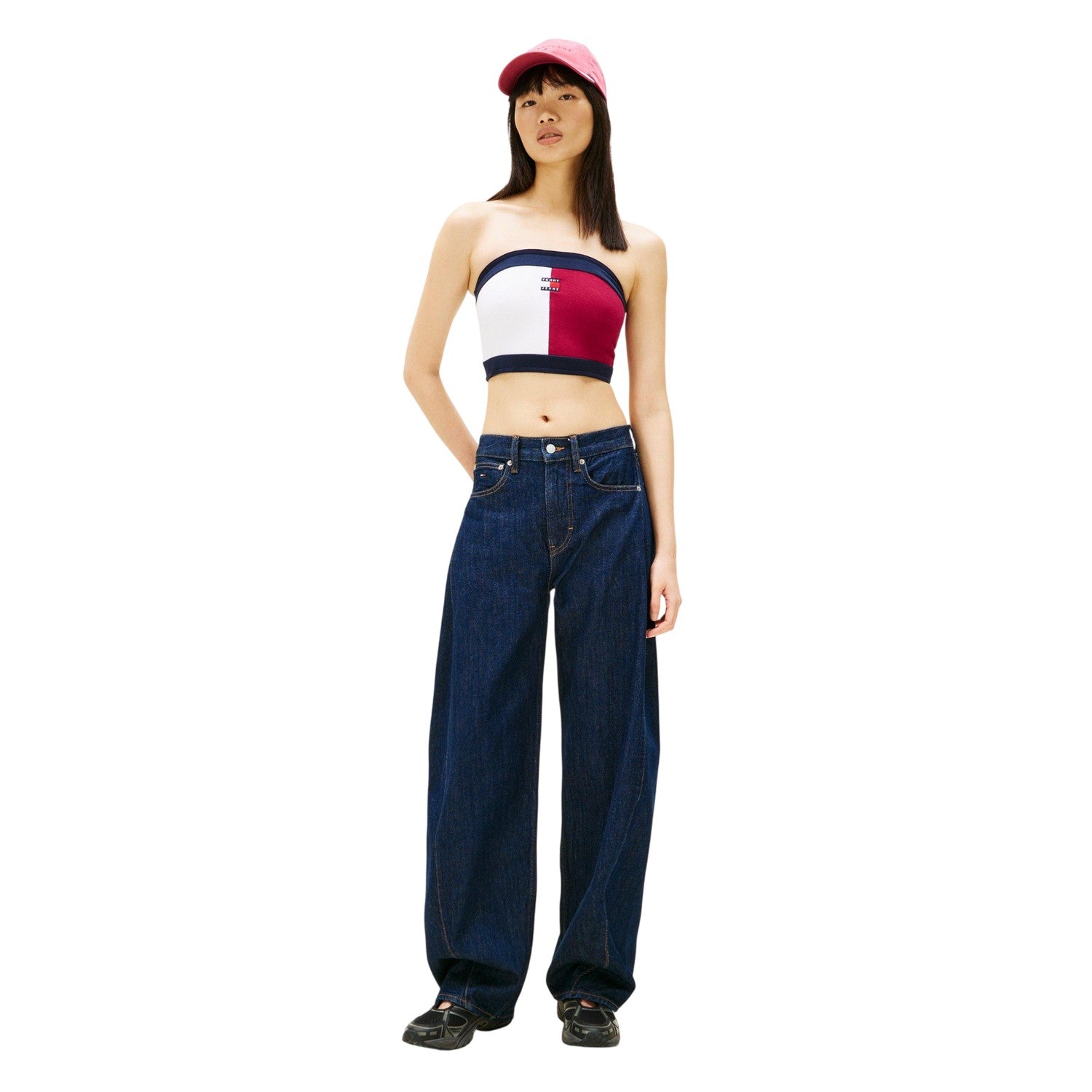 Cerise-White-Navy - Lifestyle - Tommy Jeans Womens-Ladies Flag Ribbed Logo Tube Top