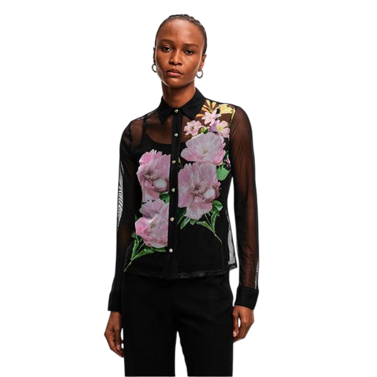 Black - Side - Karl Lagerfeld Womens-Ladies Floral Mesh Shirt