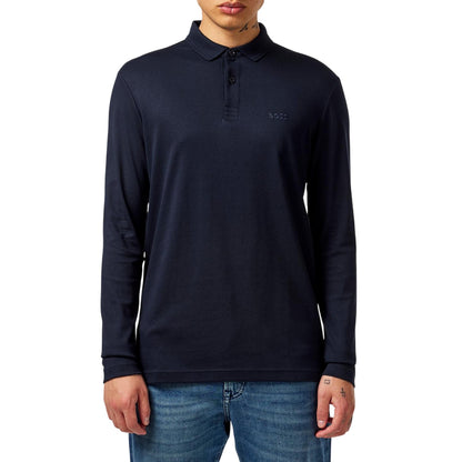 Dark Blue - Side - Boss Mens Pirol Logo Long-Sleeved Polo Shirt