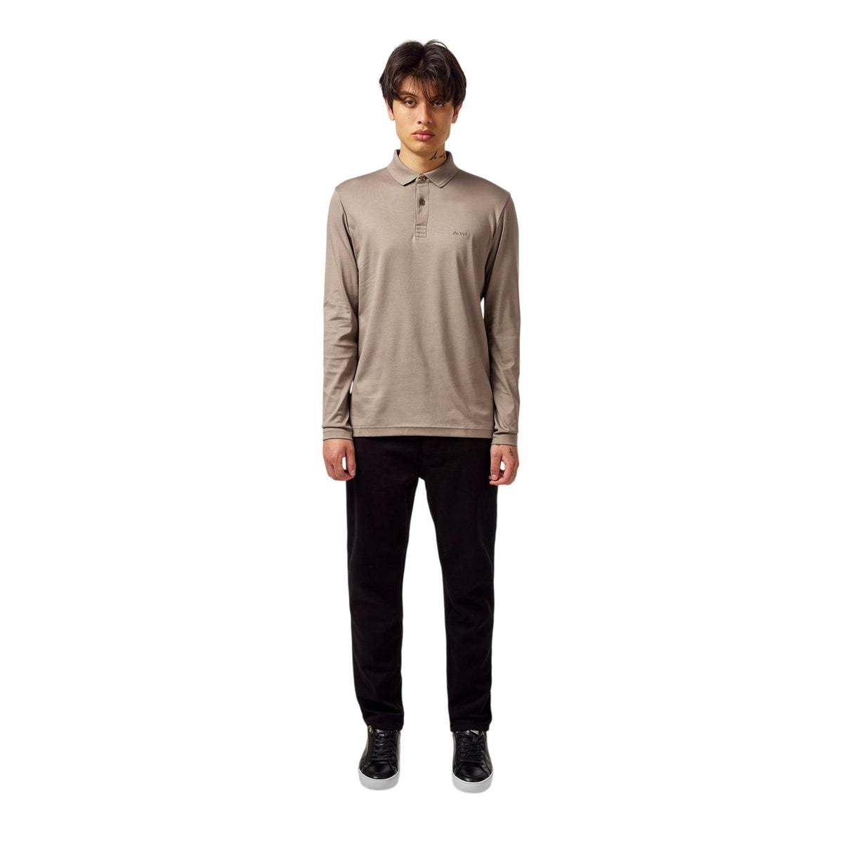 Taupe - Lifestyle - Boss Mens Pirol Logo Long-Sleeved Polo Shirt