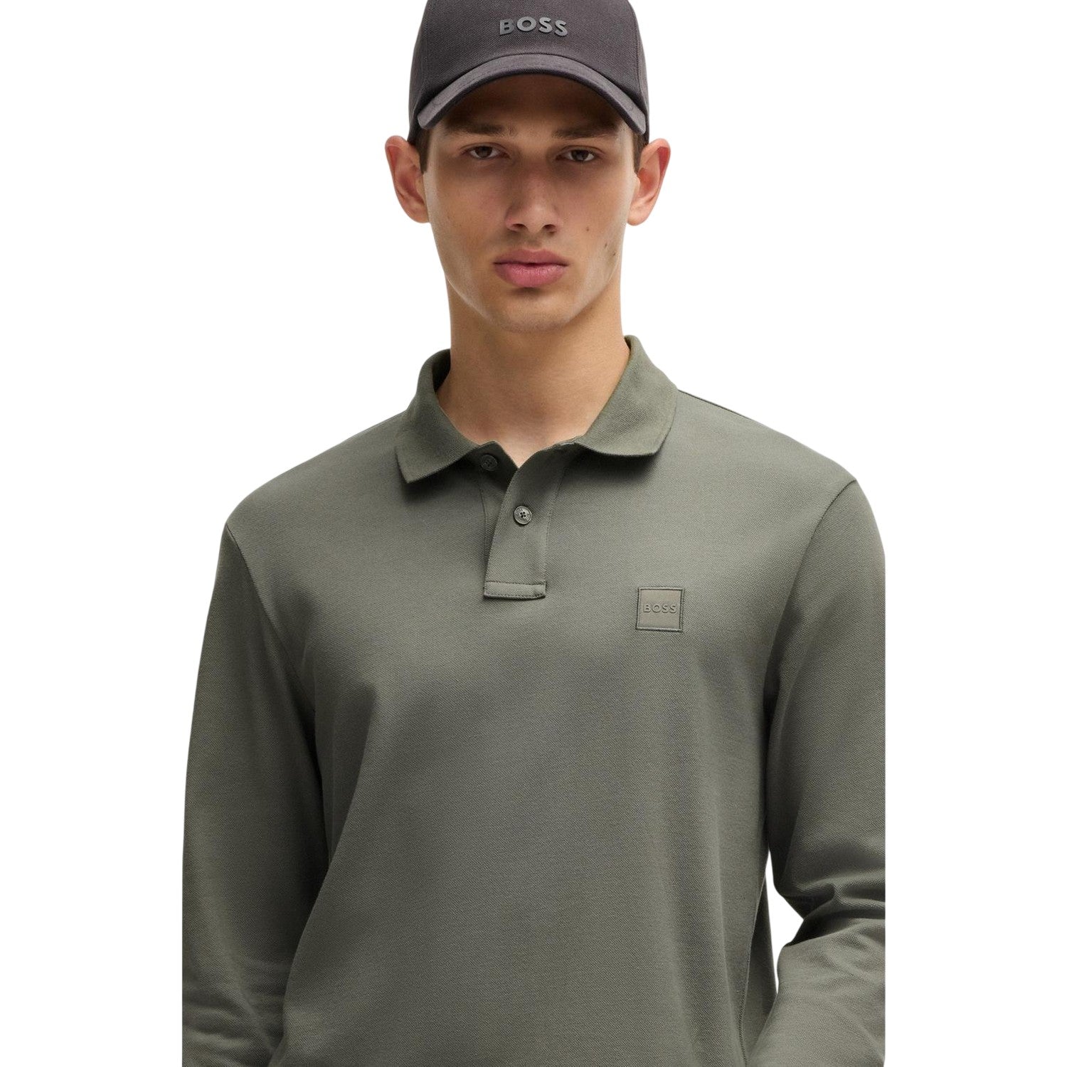 Grey - Side - Boss Mens Passerby Logo Long-Sleeved Polo Shirt