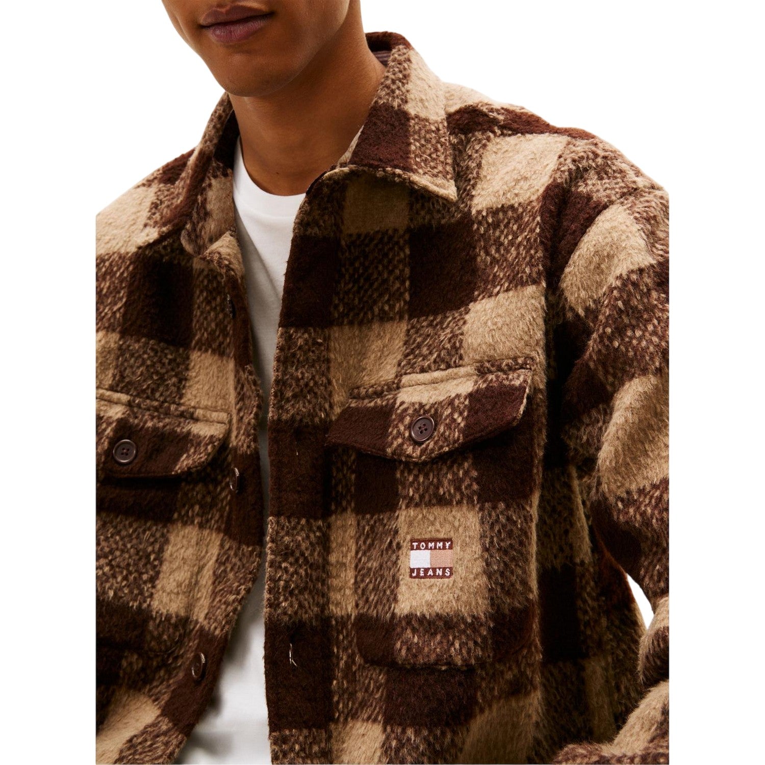 Brown - Side - Tommy Jeans Mens Check Plaid Flannel Chest Pocket Overshirt