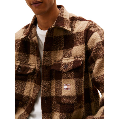 Brown - Side - Tommy Jeans Mens Check Plaid Flannel Chest Pocket Overshirt