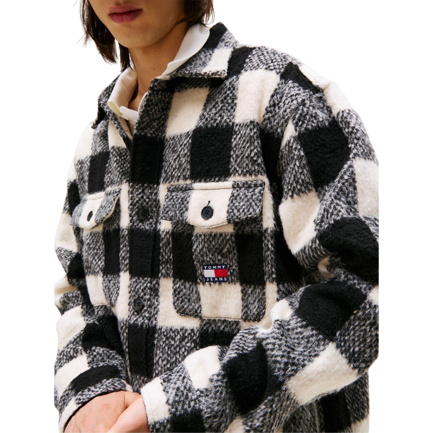 Red-Black - Side - Tommy Jeans Mens Check Plaid Flannel Chest Pocket Overshirt