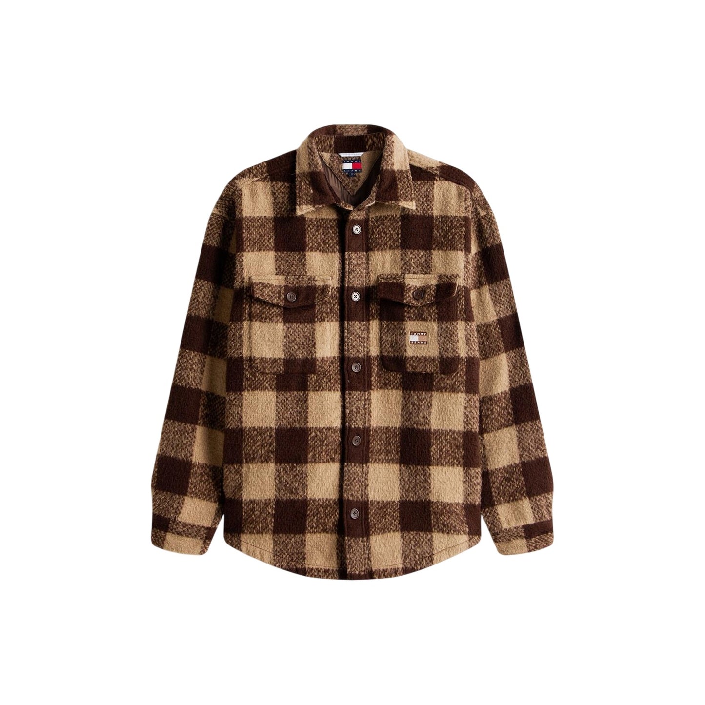Brown - Front - Tommy Jeans Mens Check Plaid Flannel Chest Pocket Overshirt