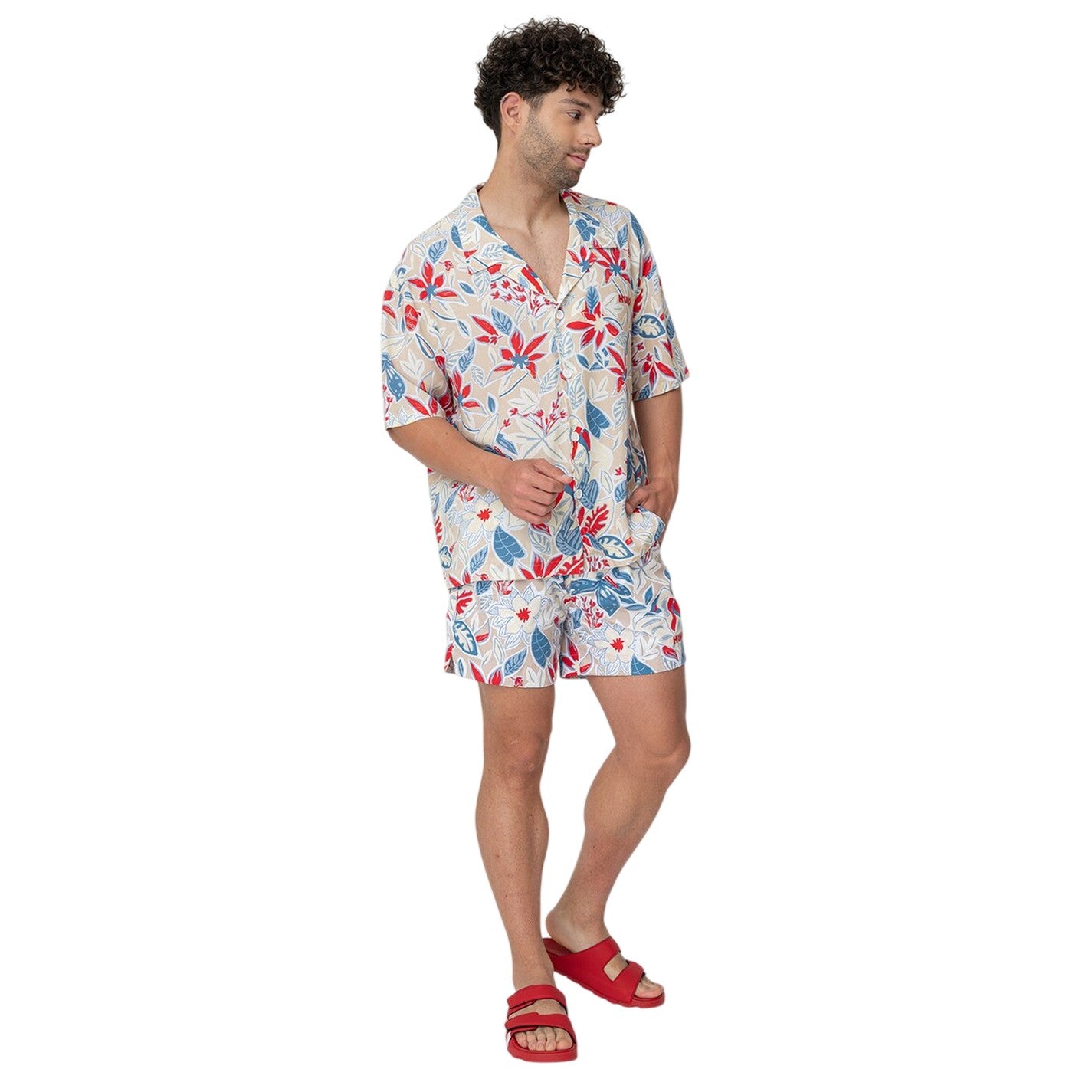 White - Side - Hugo Mens Floral Relaxed Fit Shirt