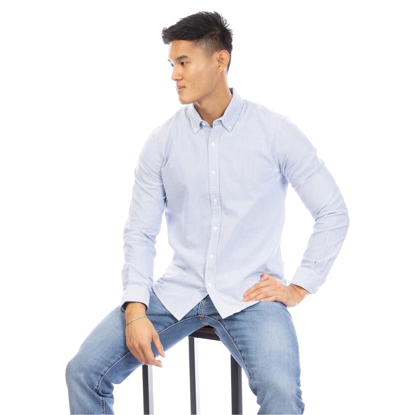 Navy-White - Side - Peter Werth Mens Pinstripe Regular Long-Sleeved Shirt