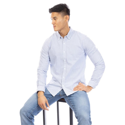 Navy-White - Side - Peter Werth Mens Pinstripe Regular Long-Sleeved Shirt