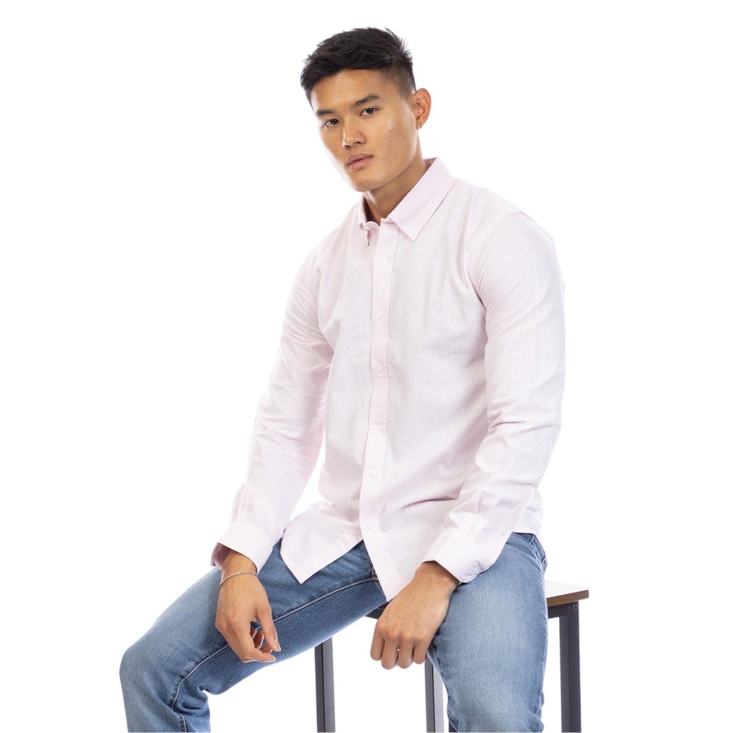 Pink-White - Side - Peter Werth Mens Pinstripe Regular Long-Sleeved Shirt