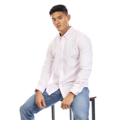 Pink-White - Side - Peter Werth Mens Pinstripe Regular Long-Sleeved Shirt