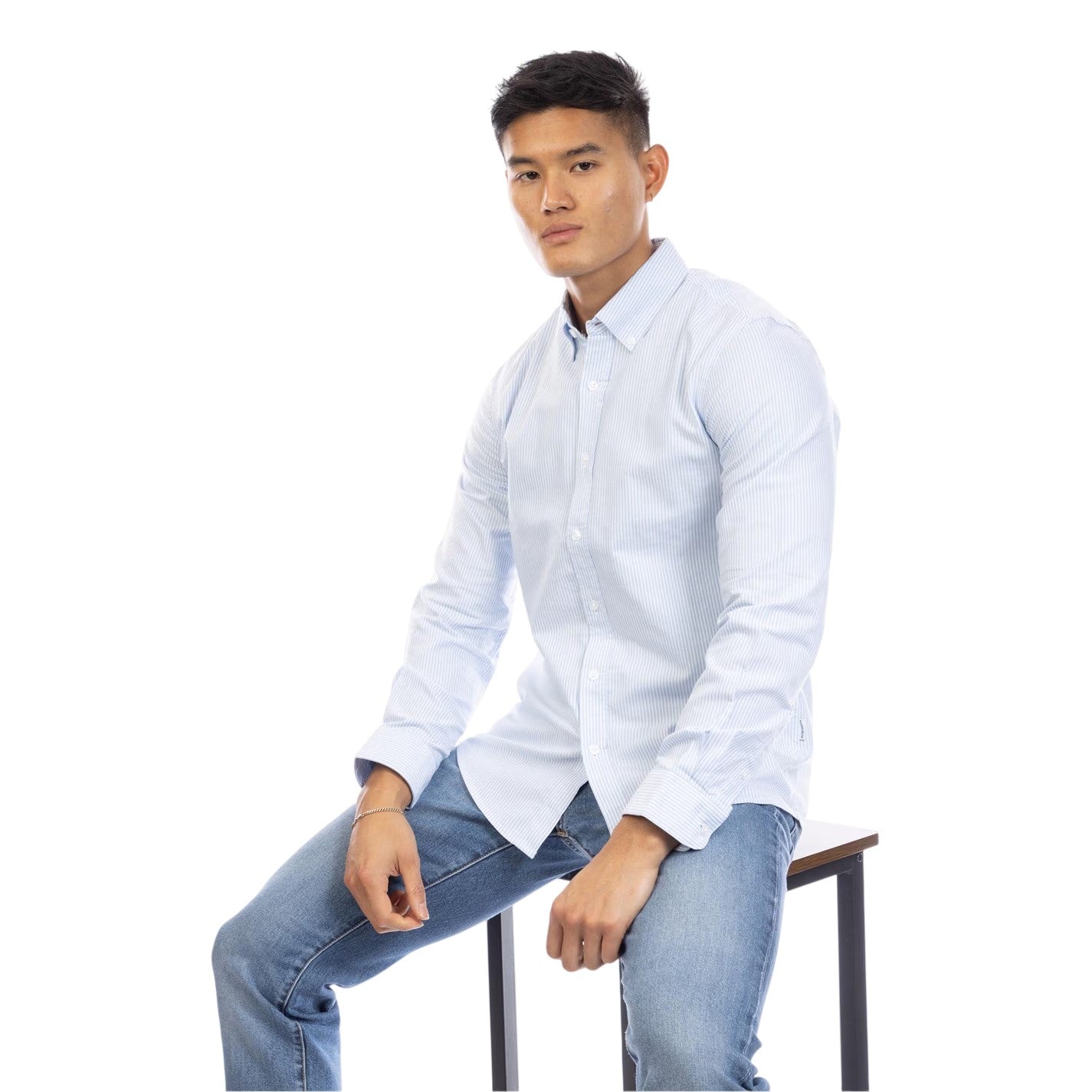 Blue-White - Side - Peter Werth Mens Pinstripe Regular Long-Sleeved Shirt