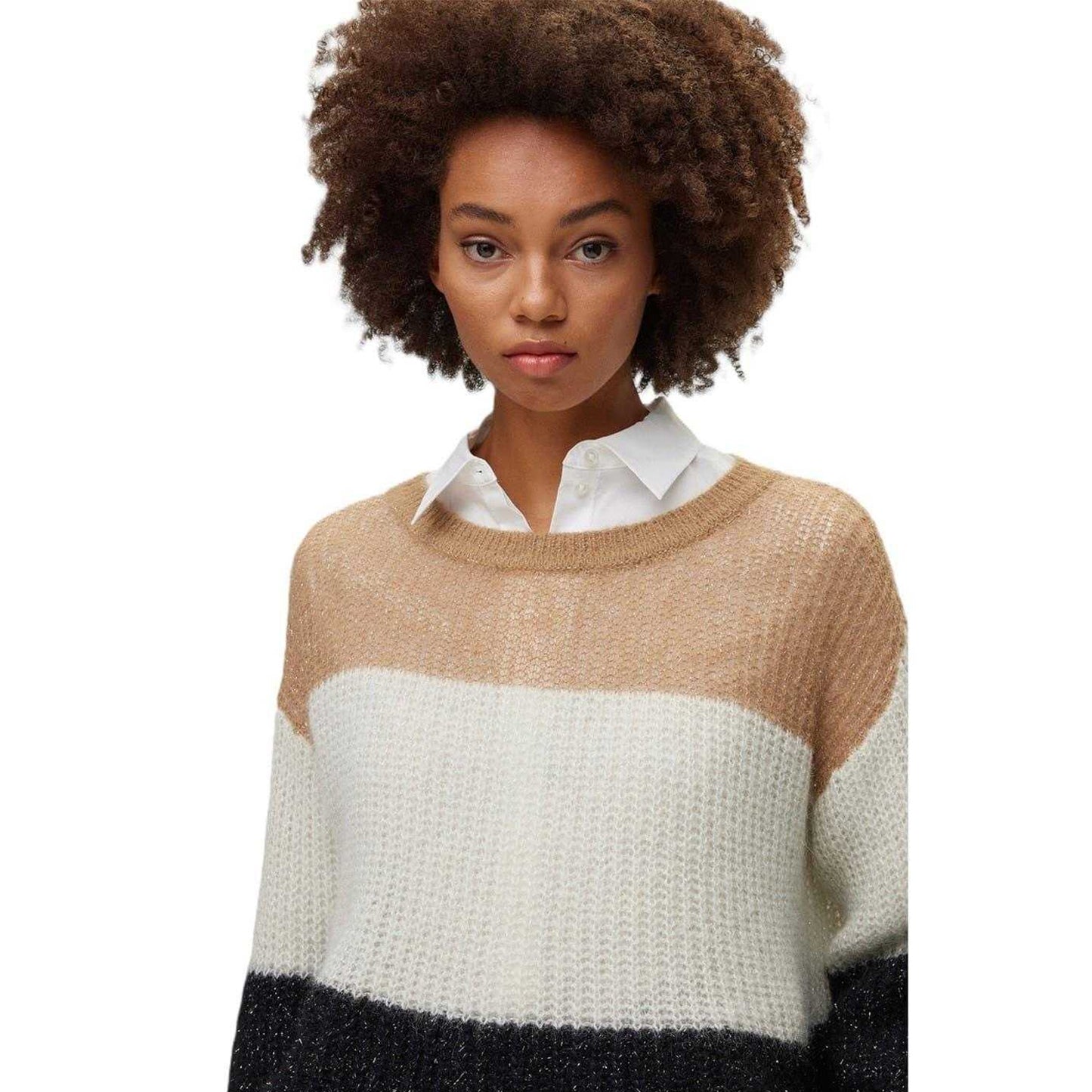 Black-White-Beige - Side - Boss Womens-Ladies Colour Block Crew Neck Sweater Top