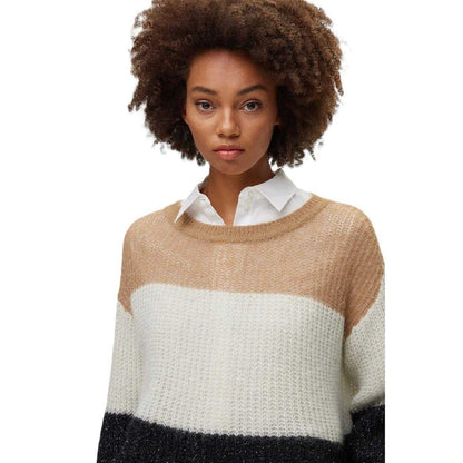 Black-White-Beige - Side - Boss Womens-Ladies Colour Block Crew Neck Sweater Top