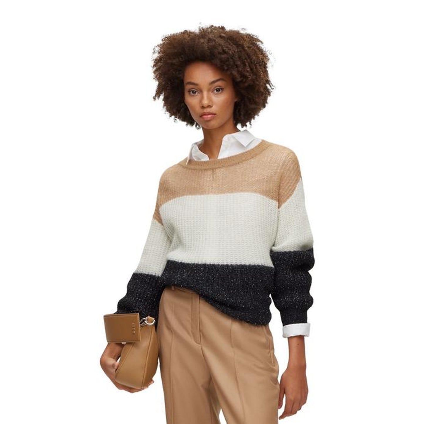 Black-White-Beige - Lifestyle - Boss Womens-Ladies Colour Block Crew Neck Sweater Top