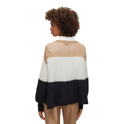 Black-White-Beige - Pack Shot - Boss Womens-Ladies Colour Block Crew Neck Sweater Top