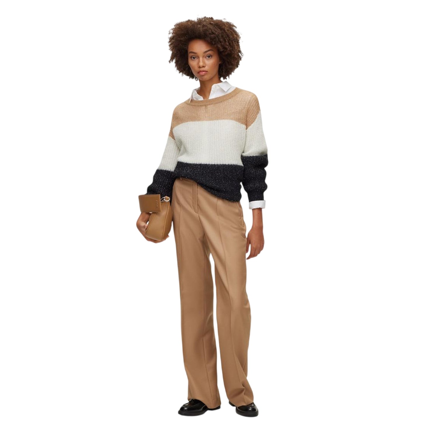 Black-White-Beige - Close up - Boss Womens-Ladies Colour Block Crew Neck Sweater Top