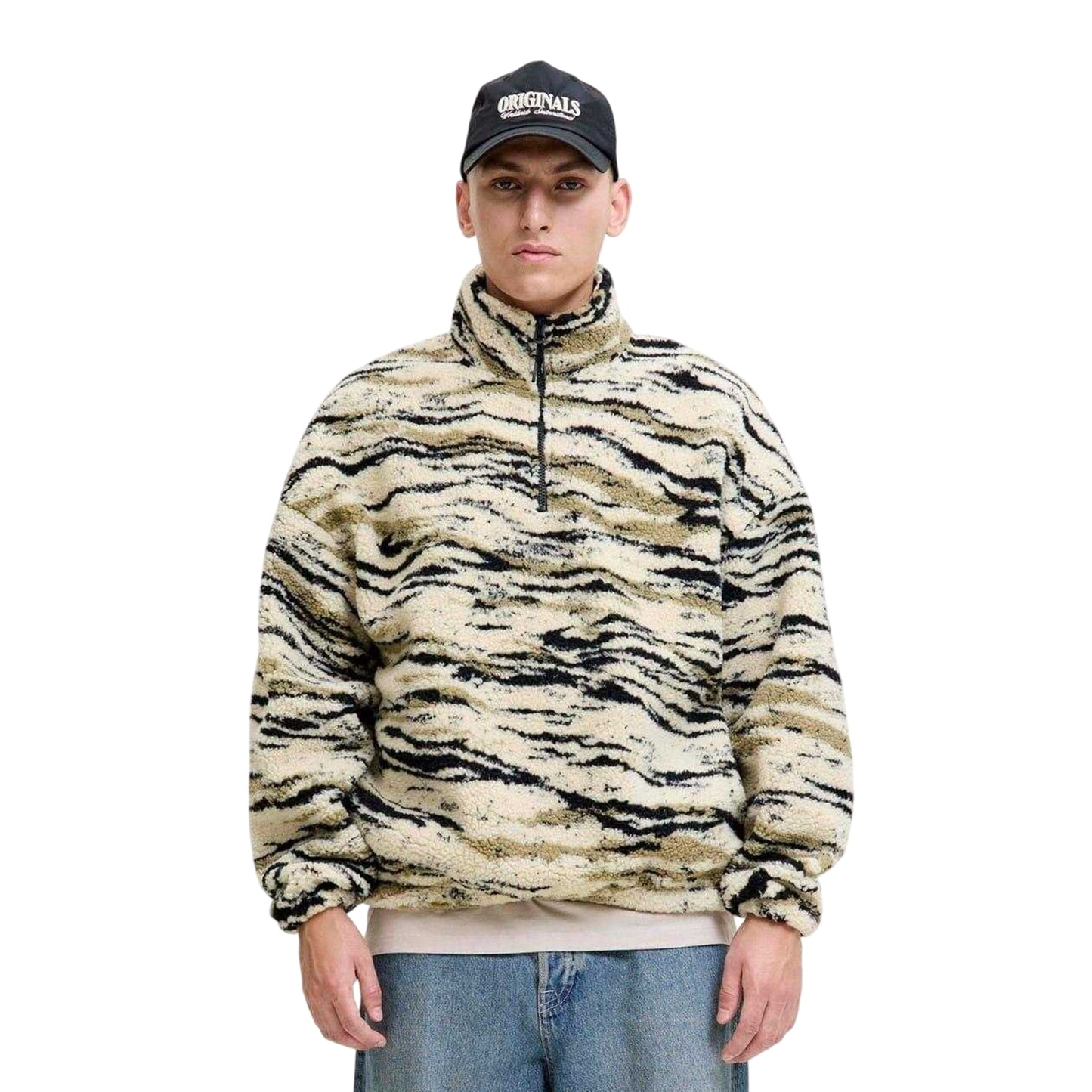 Oatmeal - Side - Jack And Jones Mens Teddy Fleece Half Zip Sweatshirt