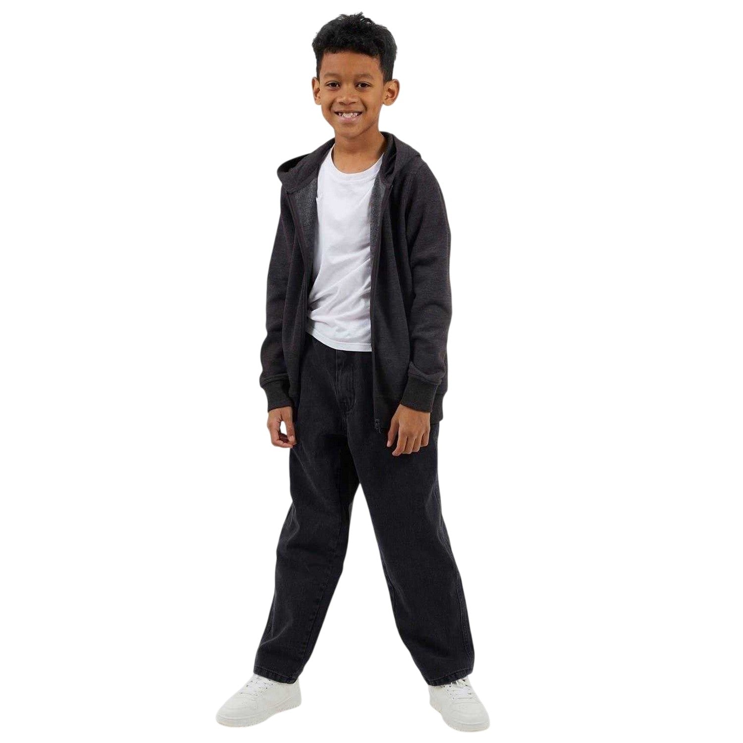 Dark Charcoal - Lifestyle - Brave Soul Boys Plain Ribbed Cuff Full Zip Hoodie