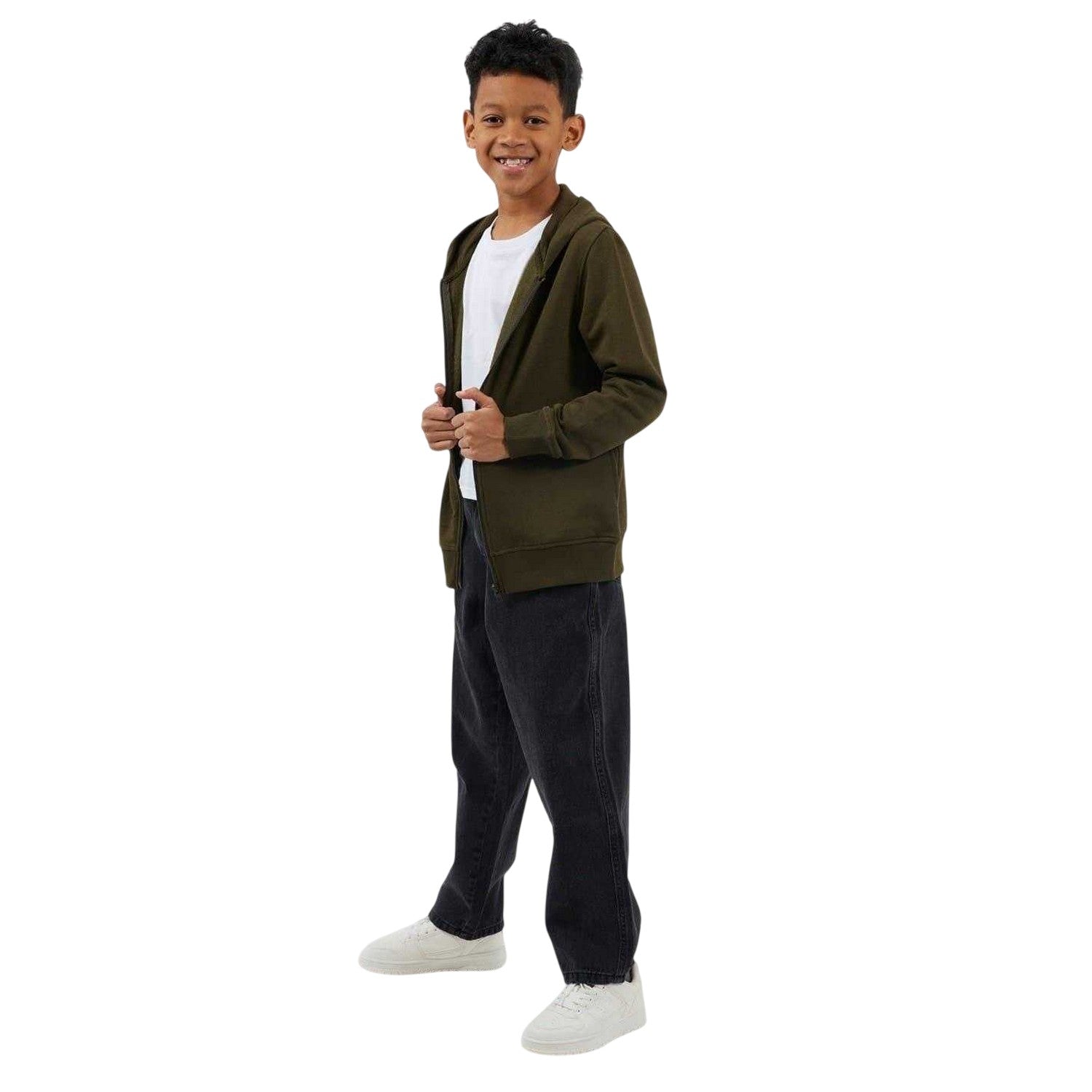 Mid Khaki - Lifestyle - Brave Soul Boys Plain Ribbed Cuff Full Zip Hoodie