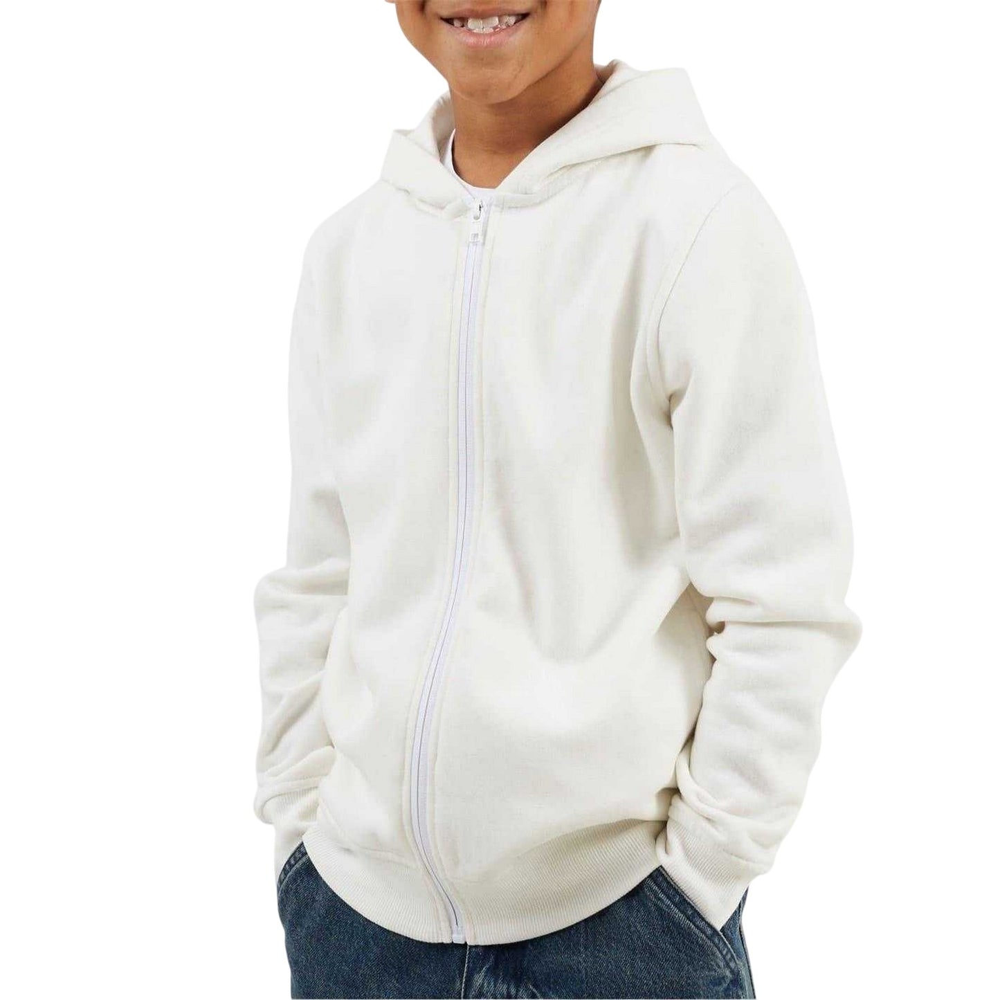 Off White - Front - Brave Soul Boys Plain Ribbed Cuff Full Zip Hoodie