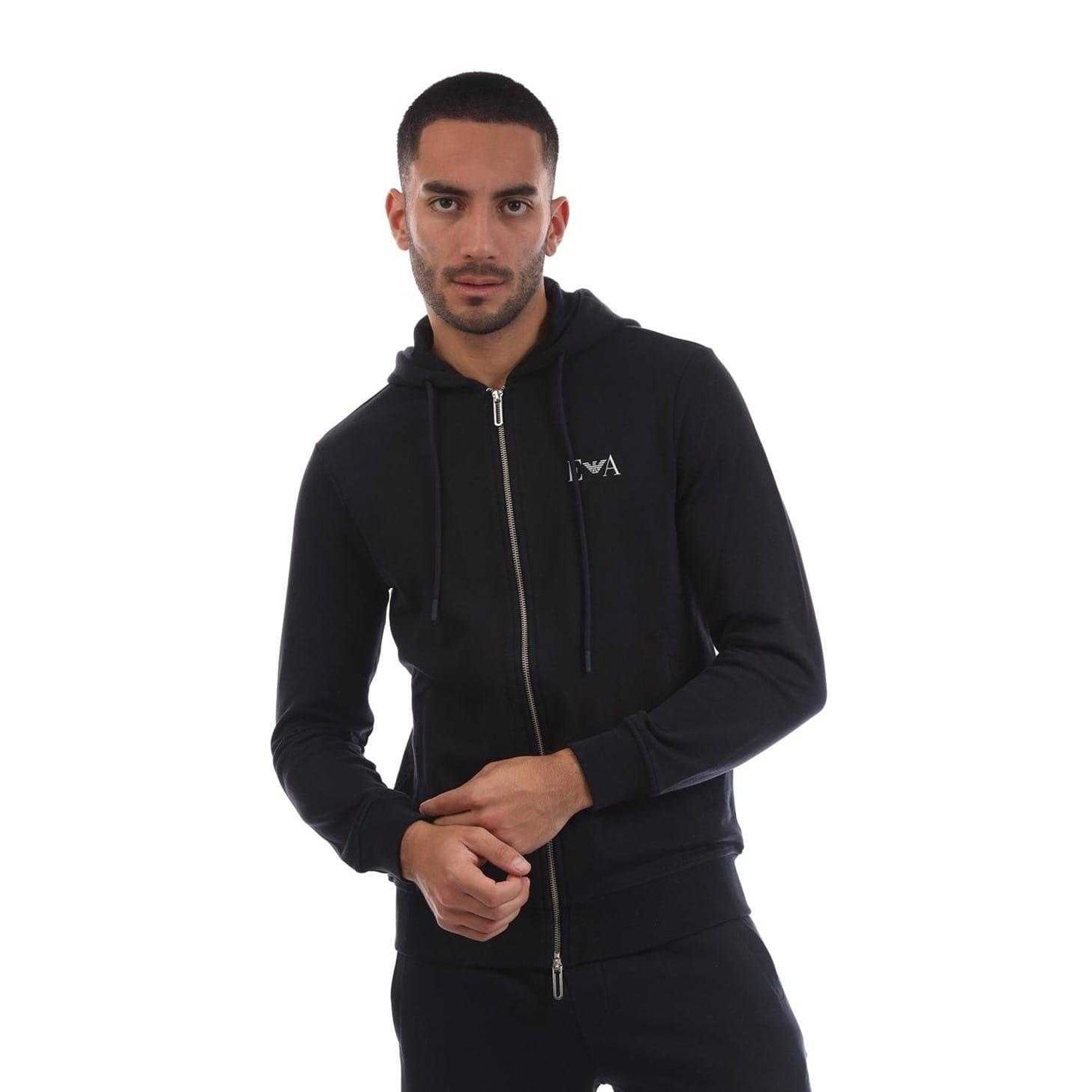 Navy Blue - Front - Emporio Armani EA7 Mens Logo Drawstring Full Zip Hoodie