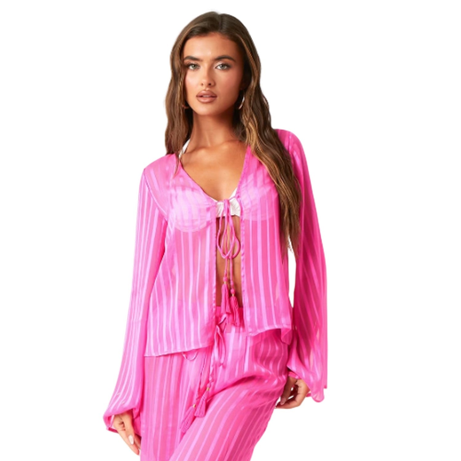 Pink Print - Side - Missy Empire Womens-Ladies Striped Sheer Coverup