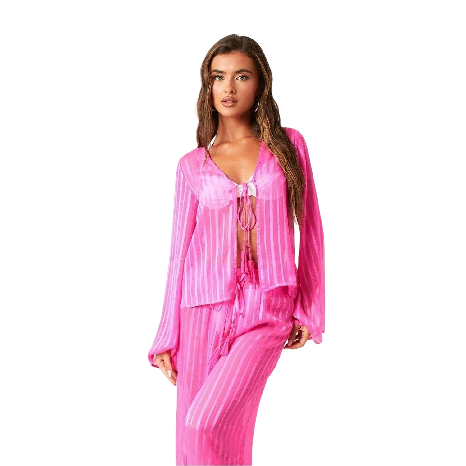 Pink Print - Front - Missy Empire Womens-Ladies Striped Sheer Coverup