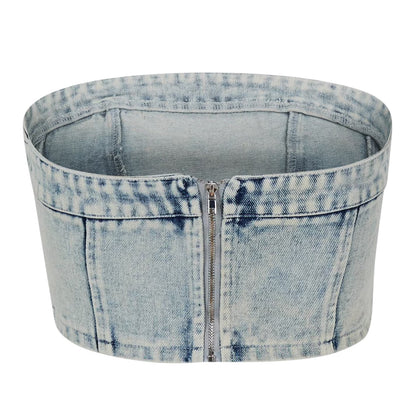 Blue - Back - Missy Empire Womens-Ladies Washed Denim Corset Top