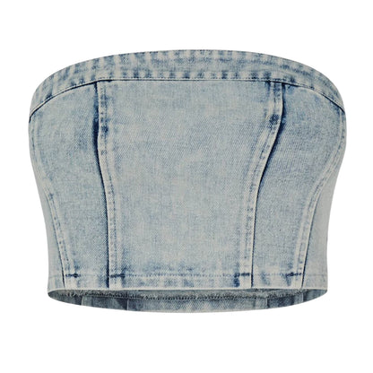 Blue - Front - Missy Empire Womens-Ladies Washed Denim Corset Top