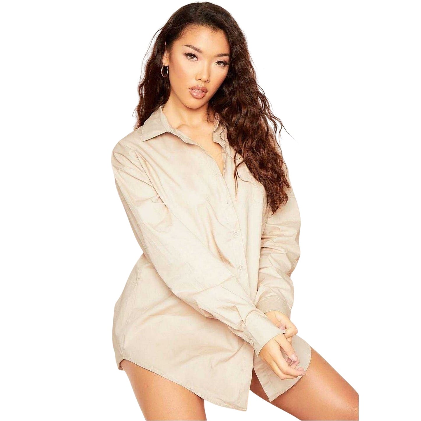 Beige - Front - Missy Empire Womens-Ladies Plain Oversized Shirt Dress