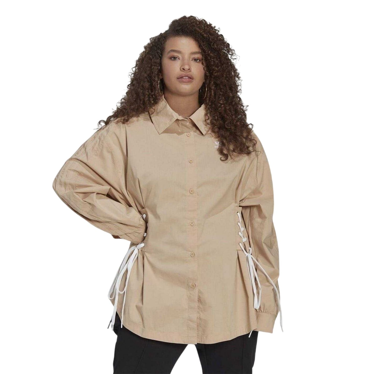 Beige - Lifestyle - Adidas Womens-Ladies Originals Lace Up Relaxed Fit Long-Sleeved Shirt
