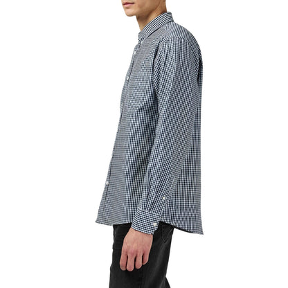 Navy Gingham - Side - Fabric Mens Patterned Poplin Long-Sleeved Shirt