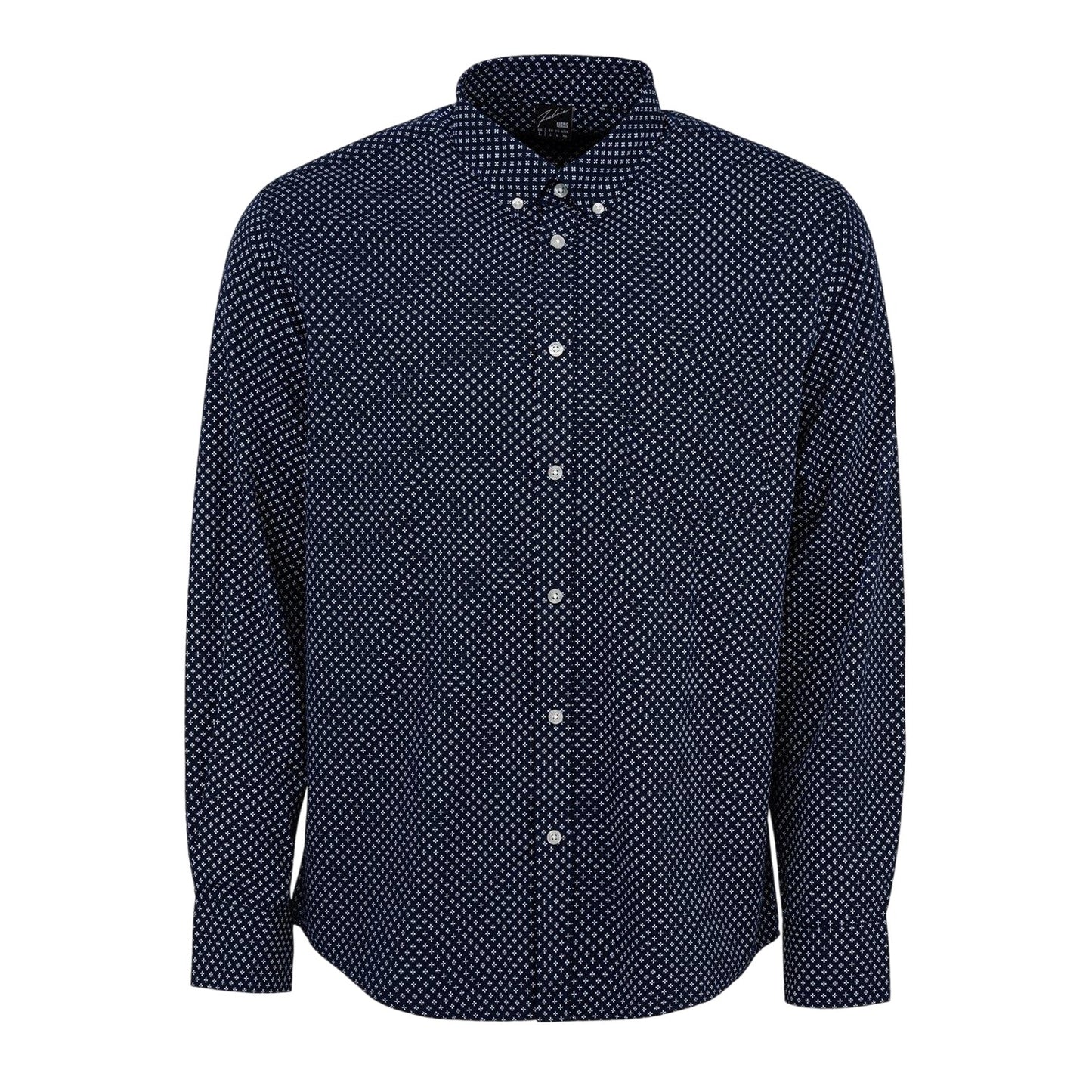 Navy-White - Front - Fabric Mens Patterned Poplin Long-Sleeved Shirt