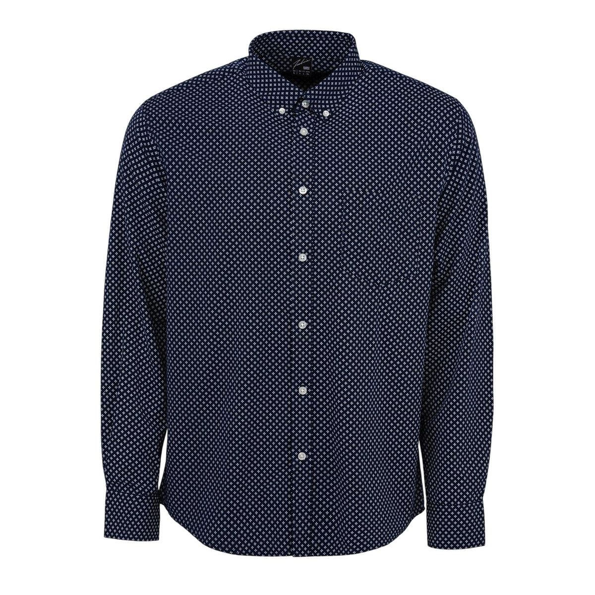 Navy-White - Front - Fabric Mens Patterned Poplin Long-Sleeved Shirt
