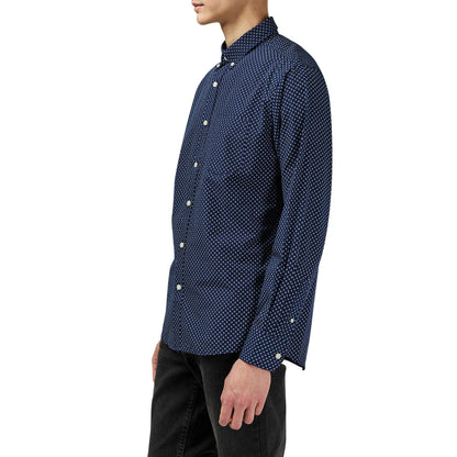 Navy-White - Side - Fabric Mens Patterned Poplin Long-Sleeved Shirt