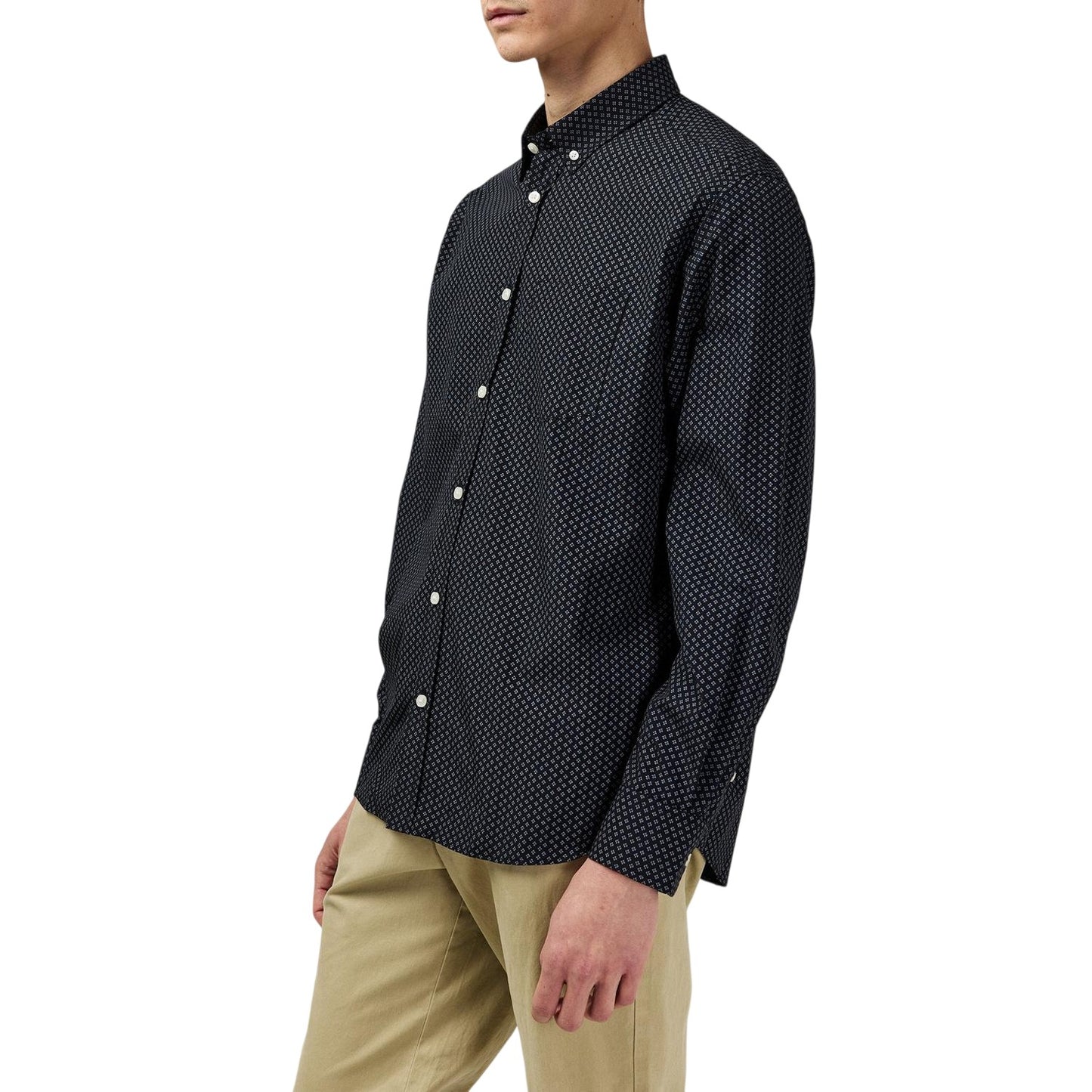 Black - Side - Fabric Mens Patterned Poplin Long-Sleeved Shirt