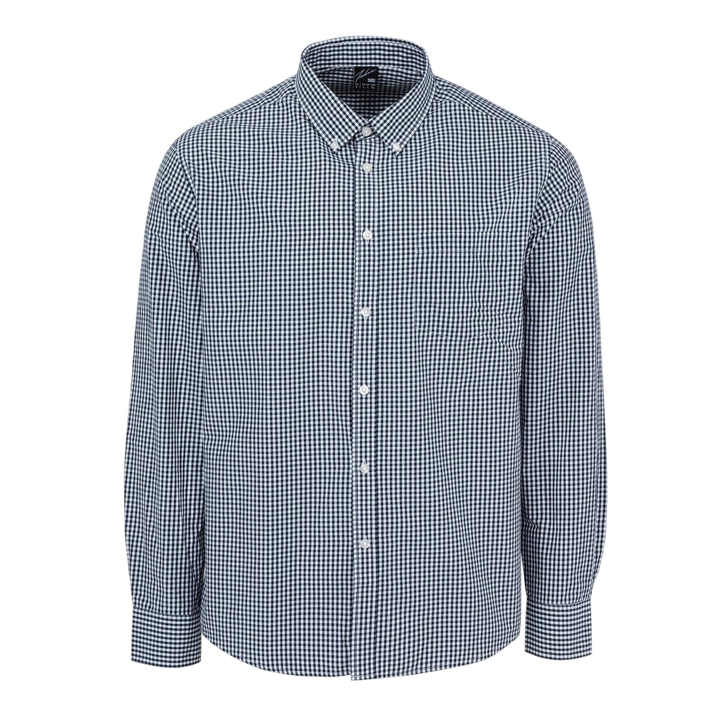 Navy Gingham - Front - Fabric Mens Patterned Poplin Long-Sleeved Shirt