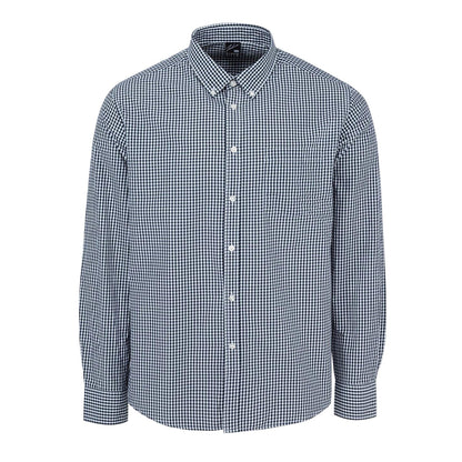 Navy Gingham - Front - Fabric Mens Patterned Poplin Long-Sleeved Shirt