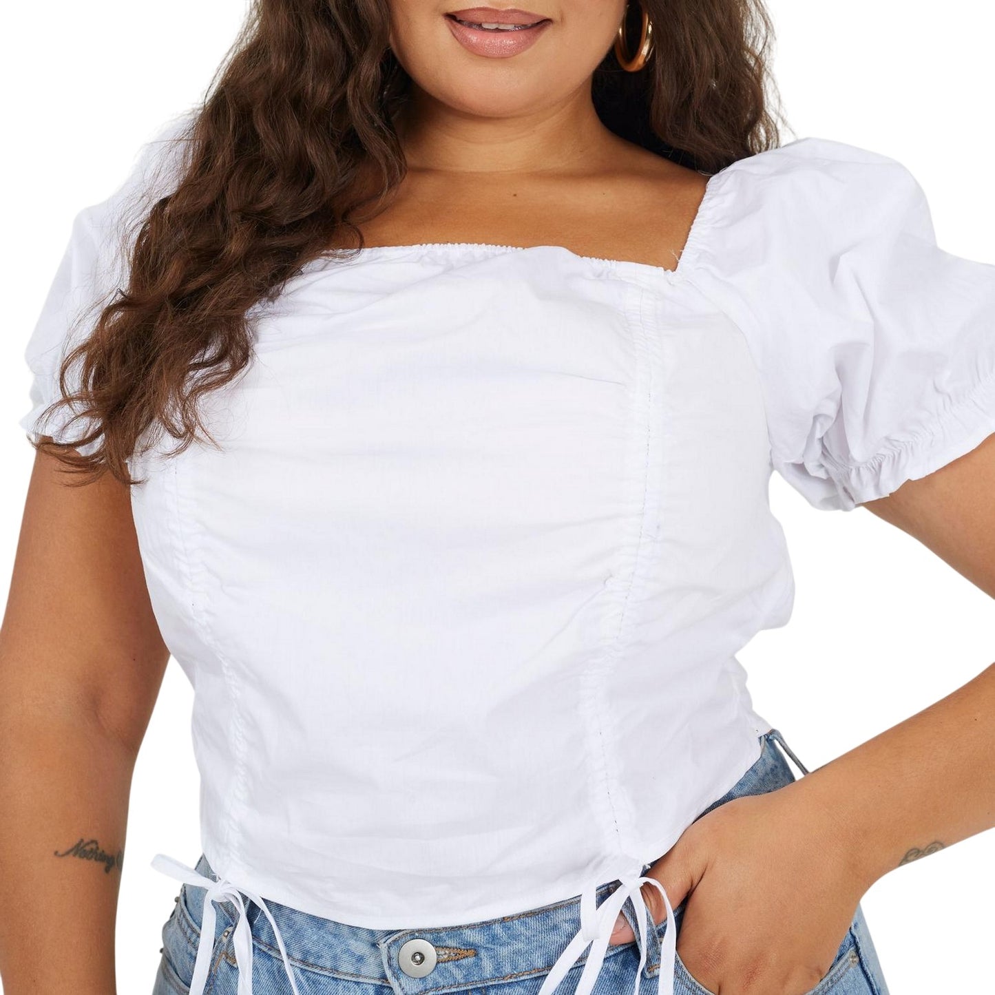 White - Side - Brave Soul Womens-Ladies Ruched Plus Puff Sleeve Top