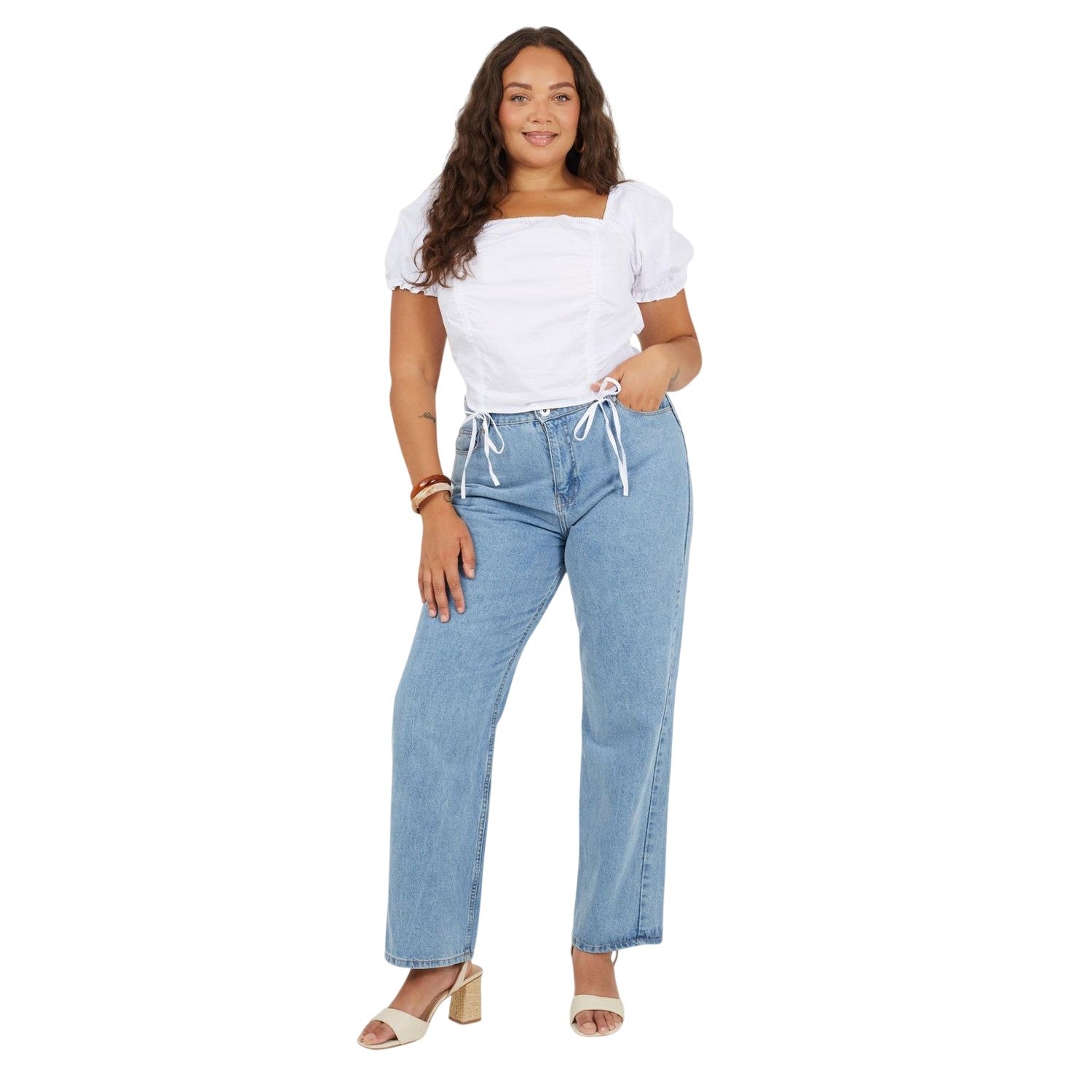 White - Lifestyle - Brave Soul Womens-Ladies Ruched Plus Puff Sleeve Top