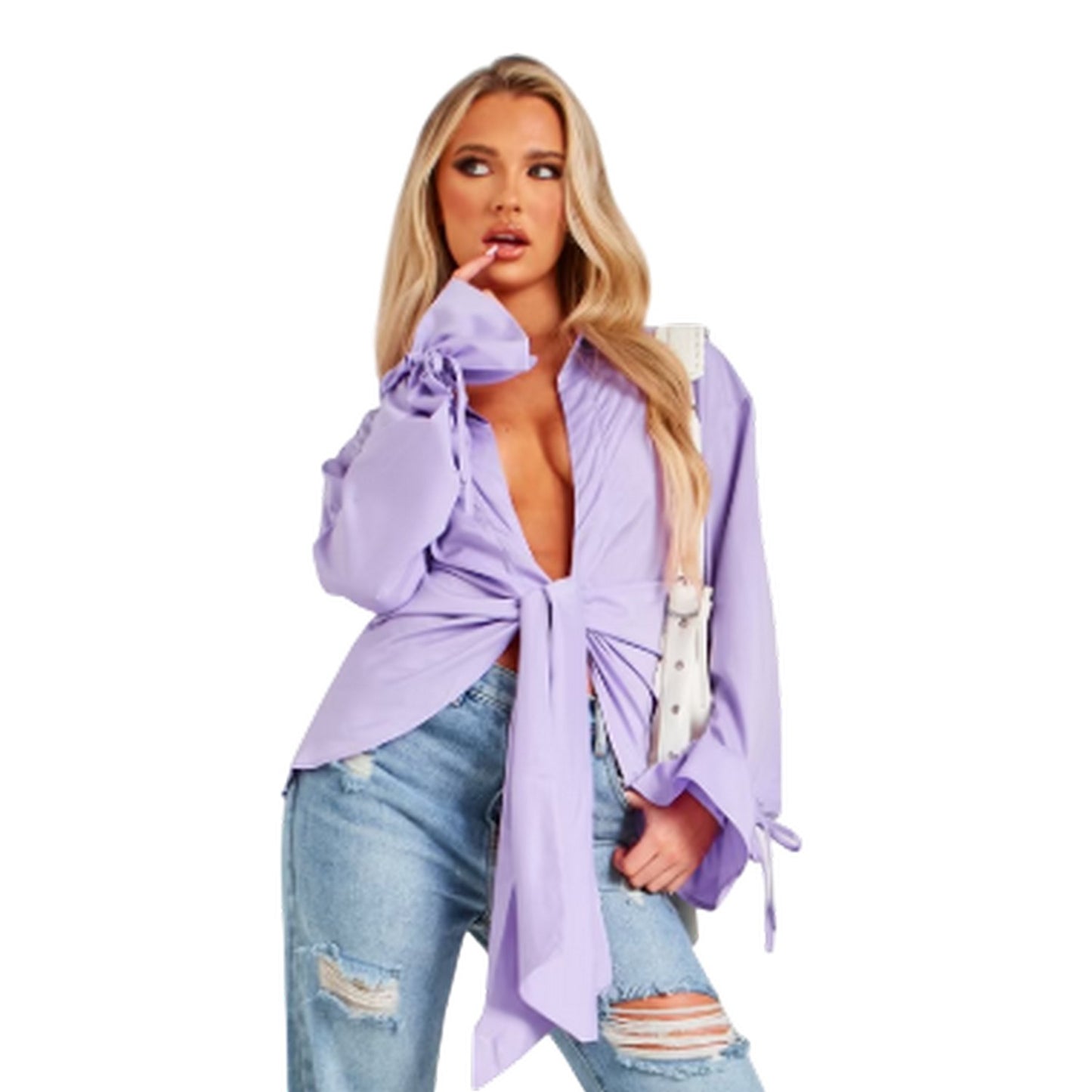 Lilac - Side - Missy Empire Womens-Ladies Drape Detail Tie Sleeves Shirt