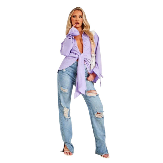 Lilac - Front - Missy Empire Womens-Ladies Drape Detail Tie Sleeves Shirt