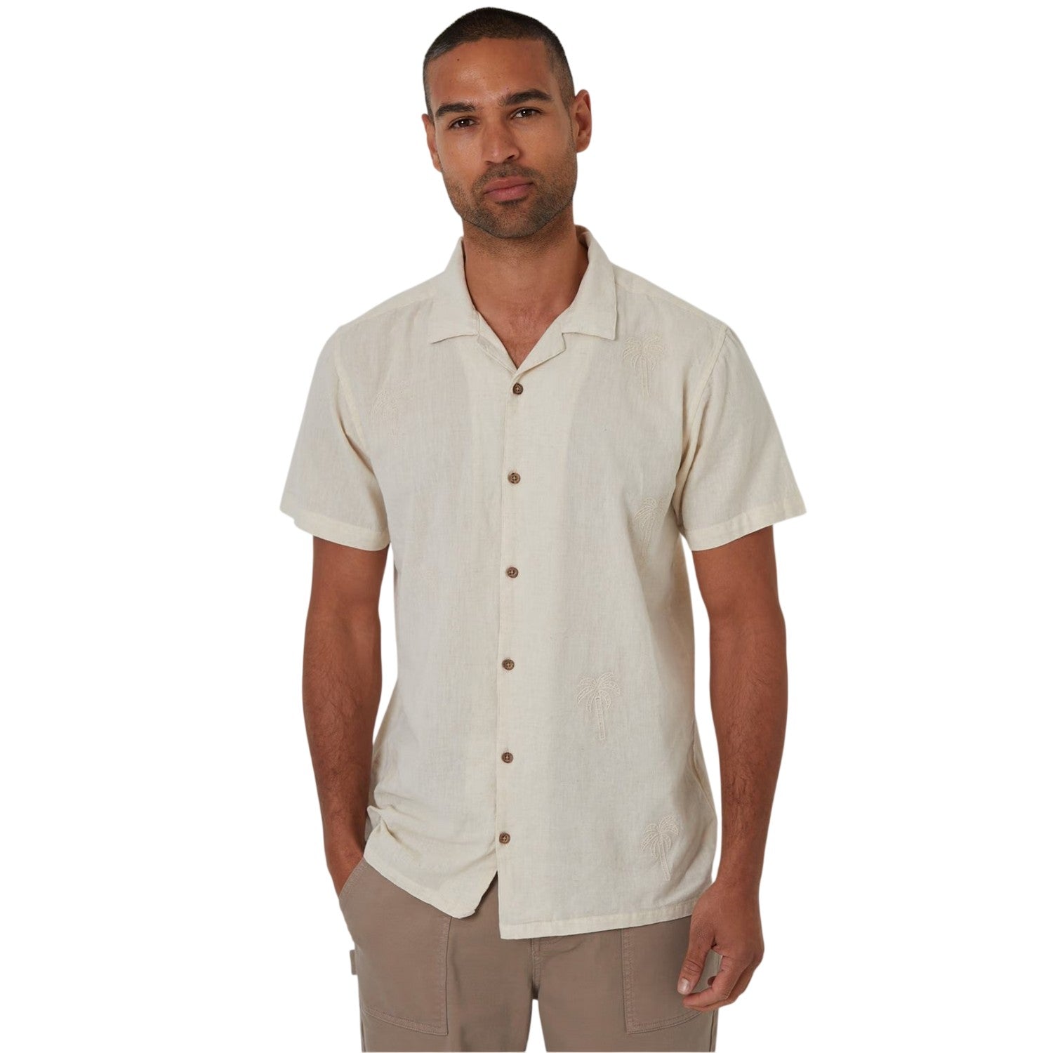 Natural - Front - Threadbare Mens Embroidered Short-Sleeved Shirt